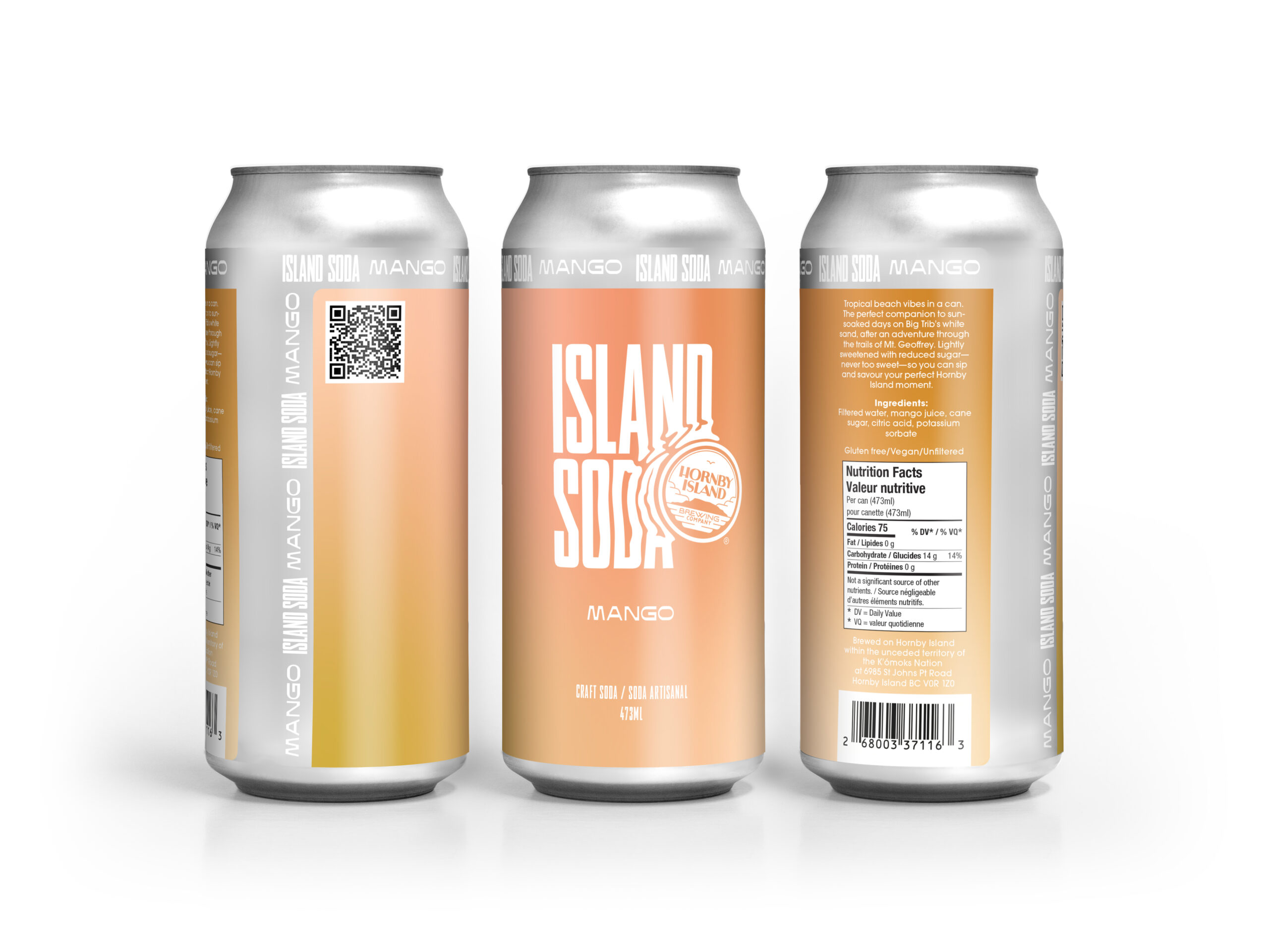 Island soda mango cans, showing the entire label using three angles
